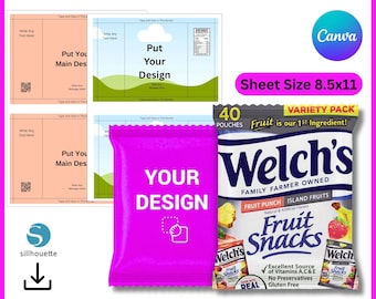 Plantilla de snack de frutas Welch's, etiqueta de snack de frutas Welch's, plantilla de bolsa de papas fritas, envoltorio de snack de frutas SVG, snack de frutas editable, recuerdo de fiesta de Canva