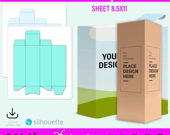 May include: A tall box template design with a light blue box outline and two box mockups. The mockups are a white box with a green and blue gradient and a brown box. The text on the boxes reads "YOU DESIGN" and "PLACE DESIGN HERE". The text "Tall Box Template" is at the top.