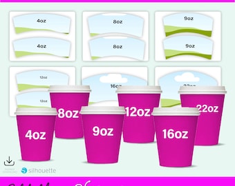 May include: A template for paper cup wraps, featuring various sizes from 4oz to 22oz. The design includes pink cups with white lids and corresponding wrap templates. Text on the image reads "Paper Cup Wrap Bundle Template" and "Editable with Cricut".