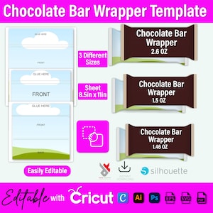 May include: Printable template for chocolate bar wrappers. The template includes three different sizes: 2.6 oz, 1.5 oz, and 1.46 oz. The template is easily editable and can be used with Cricut.