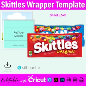 Puede incluir: Plantilla imprimible para un envoltorio de caramelos Skittles. La plantilla mide 8,5 pulgadas por 11 pulgadas y presenta un diseño rojo, blanco y azul con el logotipo de Skittles y las palabras "Bite Size Candies Original".