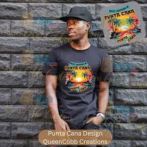 May include: A black t-shirt with a graphic design that says "What happens in Punta Cana stays in Punta Cana". The graphic features palm trees, a sunset, and a beach.
