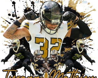May include: A black and gold graphic design featuring a football player wearing a white jersey with the number 32 and a black helmet with the word "Saints" on it. The player is surrounded by black and gold paint splatters. The text "Tyrann Mathieu" is written in gold at the bottom of the design.