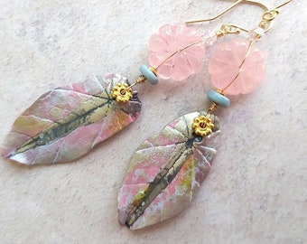 Rose Quartz Earrings, Blue Opal Silvered Pink Leaf Drops, Gold Vermeil & Gold Fill, Handcrafted Wearable Art Jewellery, Erika Price SRAJD UK