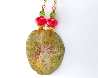 Organic Seed Pod Earrings, Unique Wearable Art, Handcrafted Red Green & Gold Boho Jewellery, OOAK One of a Kind, Erika Price
