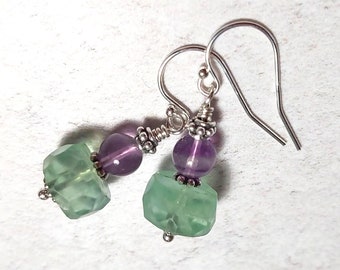 Petite Fluorite Earrings, Dainty Gemstone Earrings, Small Green & Purple Fluorite Earrings, Suffragette Colours, One of a Kind, UK Handmade