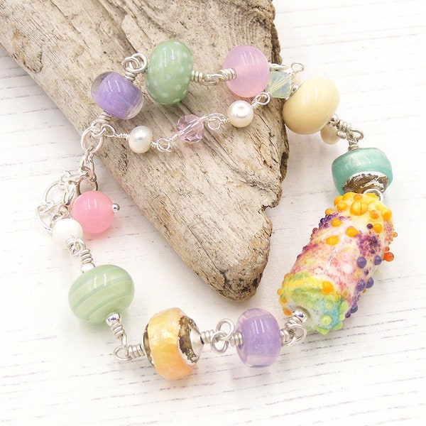 Reserved for Adam, Ice Cream Sundae Bracelet, Pastel Lampwork Glass & Sterling Silver, One of a Kind Wearable Art Jewellery, Erika Price