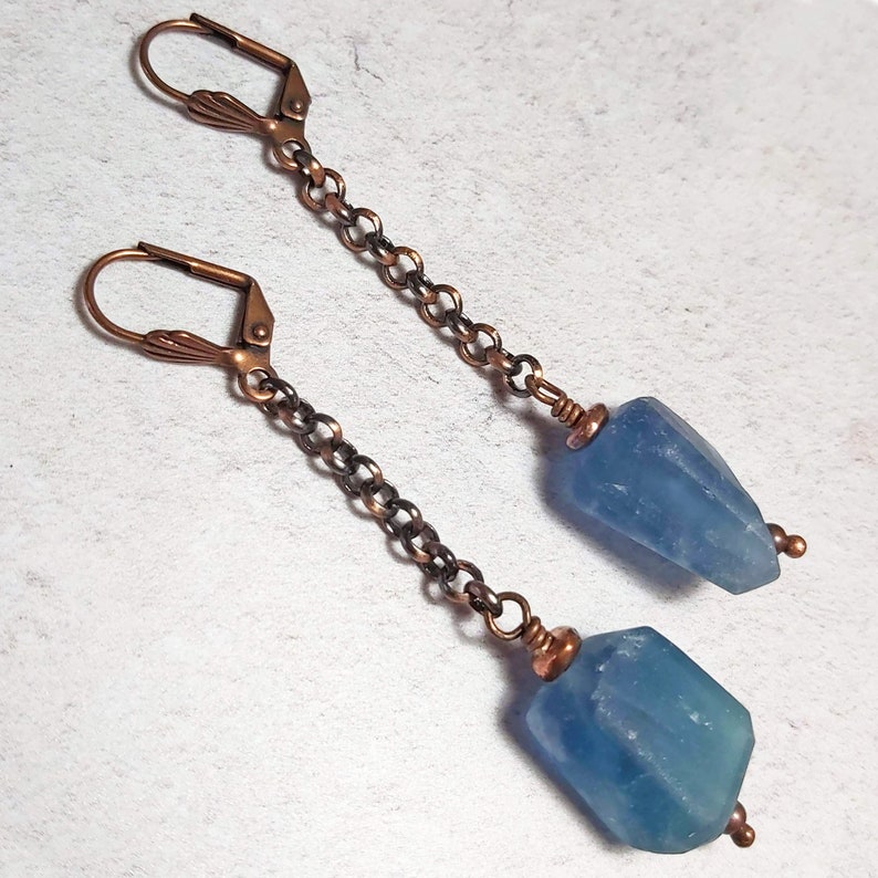 Chunky Gemstone Earrings, Natural Blue Fluorite Earrings, Copper Lever Back Earrings, One of a Kind UK Handmade Jewellery, Erika Price SRAJD image 6