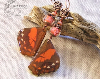 Coral Red Admiral Butterfly Wings, Lampwork & Copper Earrings, One of a Kind Artisan Handcrafted Wearable Art Jewellery Erika Price SRAJD UK