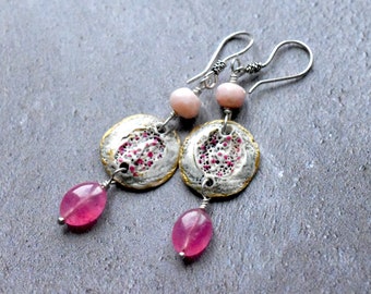 Gilded Porcelain Earrings, Pink Chalcedony & Opal Gemstones, Sterling Silver Artisan Handcrafted Wearable Art Jewellery Erika Price SRAJD UK