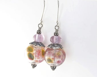 Monet's Garden Hollow Pink Drop Earrings, Artisan Lampwork Glass & Sterling Silver, Handcrafted Wearable Art Jewellery, Erika Price SRAJD UK