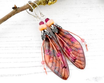 Long Fruit Spice Dragonfly Wing Earrings, Sterling Silver, One of a Kind, Lightweight, UK Handmade Wearable Art Jewellery, Erika Price SRAJD