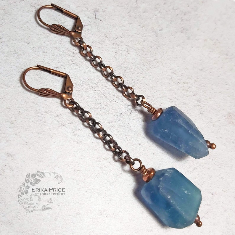 Chunky Gemstone Earrings, Natural Blue Fluorite Earrings, Copper Lever Back Earrings, One of a Kind UK Handmade Jewellery, Erika Price SRAJD image 3