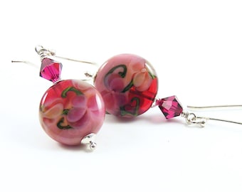 Rose Pink Earrings, Floral Earrings, Fuchsia Pink Flowers, Raspberry Ice Cream, Lampwork Glass Earrings, One of a Kind Earrings, UK Handmade