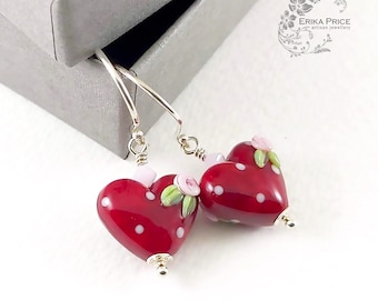 Deep Red Heart Earrings, SRA Lampwork Glass & Recycled Sterling Silver Earrings, OOAK One of a Kind Artisan Valentine Hearts Earrings