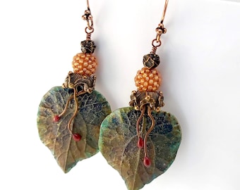 Rustic Leaf Earrings, Earthy Forest Muted Greens Browns, Copper & Bronze, Artisan Handcrafted Wearable Art Jewellery, Erika Price SRAJD UK