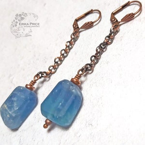 Chunky Gemstone Earrings, Natural Blue Fluorite Earrings, Copper Lever Back Earrings, One of a Kind UK Handmade Jewellery, Erika Price SRAJD image 2