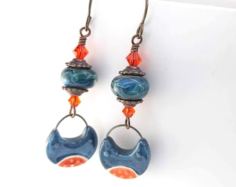 Contemporary Ceramic Drop Earrings, One of a Kind Denim Blue & Red Porcelain Handbags, UK Handmade Wearable Art Jewellery, Erika Price SRAJD