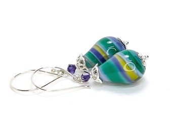 Contemporary Earrings, Bold Green & Purple Stripes, Lampwork Glass, Sterling Silver, One of a Kind, Erika Price Jewellery SRAJD, UK Handmade