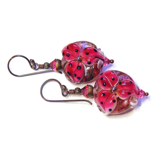 Deep Rose Pink Tiger Lily Earrings, Handcrafted Lampwork Glass, OOAK (One of a Kind) Floral Jewellery