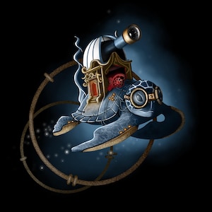 Puede incluir: Ilustración digital de una tortuga steampunk con telescopio y carruaje. La tortuga es azul y metálica, con detalles dorados y engranajes. El fondo es azul oscuro con estrellas. Diseño caprichoso.