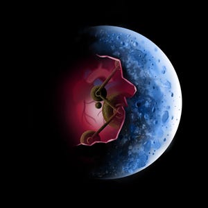Puede incluir: Obra de arte digital que representa un cuerpo celeste con una superficie azul y blanca, parcialmente rasgado para revelar un interior rojo con componentes mecánicos. La obra está sobre un fondo negro.
