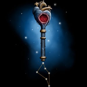 Puede incluir: Ilustración digital de una llave con la parte superior en forma de corazón. El corazón es azul con un interior mecánico rojo. El mango de la llave es gris oscuro con detalles dorados, y una constelación está en la parte inferior sobre un fondo azul oscuro.