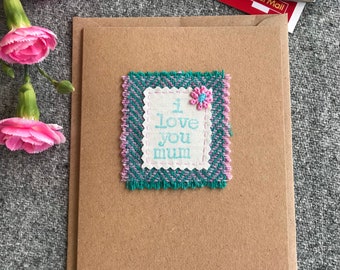 I Love You Mum Card - Mother’s Day - Mothering Sunday - Love - Tweed Card - Aqua - Pink
