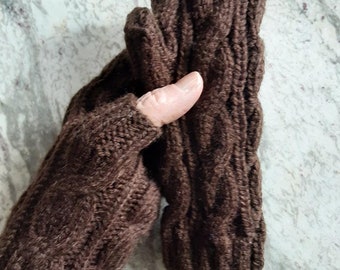 Chestnut Dark Chocolate Brown Cabled Fingerless Gloves Handmade