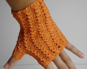 Cotton Pumpkin Texting Fingerless Gloves Tangerine Orange Hand Knit