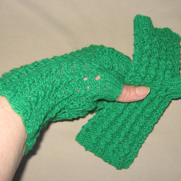 Bright Emerald Fingerless Cotton Texting Gloves Hand Knit
