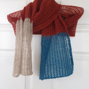 Extra Long Sienna Linen Light Beige Blue Color Dipped Blocks Mesh Scarf