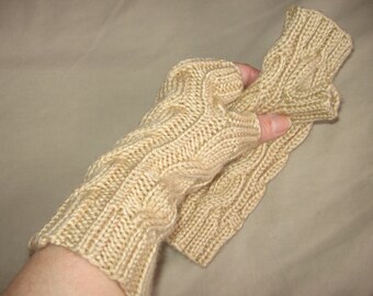 Bone Beige Fingerless Gloves Hand Knit