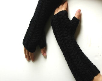 Black Charcoal Cabled Hand Knit Long Fingerless Gloves
