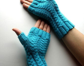 Turquoise Fingerless Gloves Topaz Blue Hand Knit