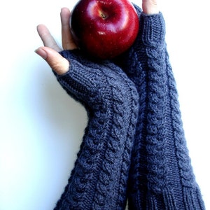 Grey Charcoal Hand Knit Gray Long Fingerless Gloves