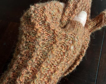 Alpaca Marled Burnt Orange Olive Green Fingerless Gloves