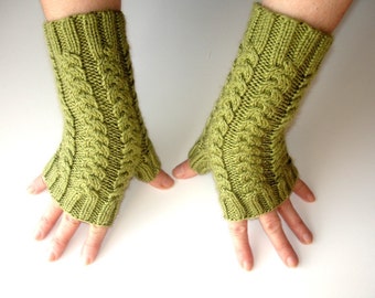 Fern Green Merino Hand Knit Fingerless Gloves