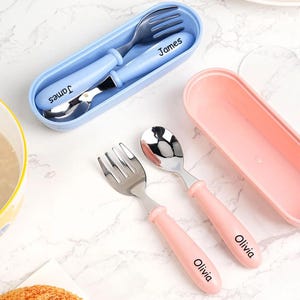 Personalized Kids Utensil Set,Stainless Steel Fork Spoon with Travel Case, Custom Name Engraved Toddler Fork & Spoon, Baby Shower Gift