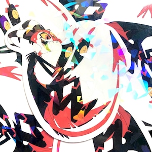 May include: A set of four holographic stickers featuring a cartoon character with red horns, black wings, and a red tail. The character is in a dynamic pose with a mischievous expression. The stickers are printed on a white background.