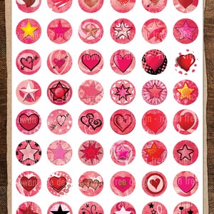 PINK PUNK Hearts & Stars Digital Collage Sheet 1in Circles no. 0051 image 2