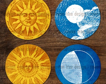 VINTAGE SUNS & MOONS Digital Collage Sheet Circles Four Sizes - no. 0078