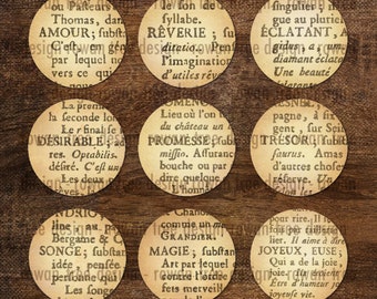 FRENCH DICTIONARY Digital Collage Sheet Circles 1in/25mm 0.8in/20mm - no. 0166