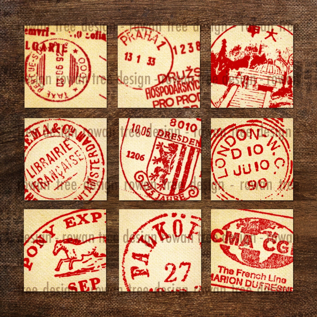 VINTAGE POSTMARKS Digital Collage Sheet Squares 1in/25mm 0.8mm/20mm ...