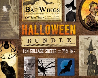 HALLOWEEN BUNDLE Digital Collage Sheet Clip Art Bundle Goth Spooky 75% Off