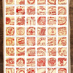VINTAGE POSTMARKS Digital Collage Sheet Squares 1in/25mm 0.8mm/20mm ...