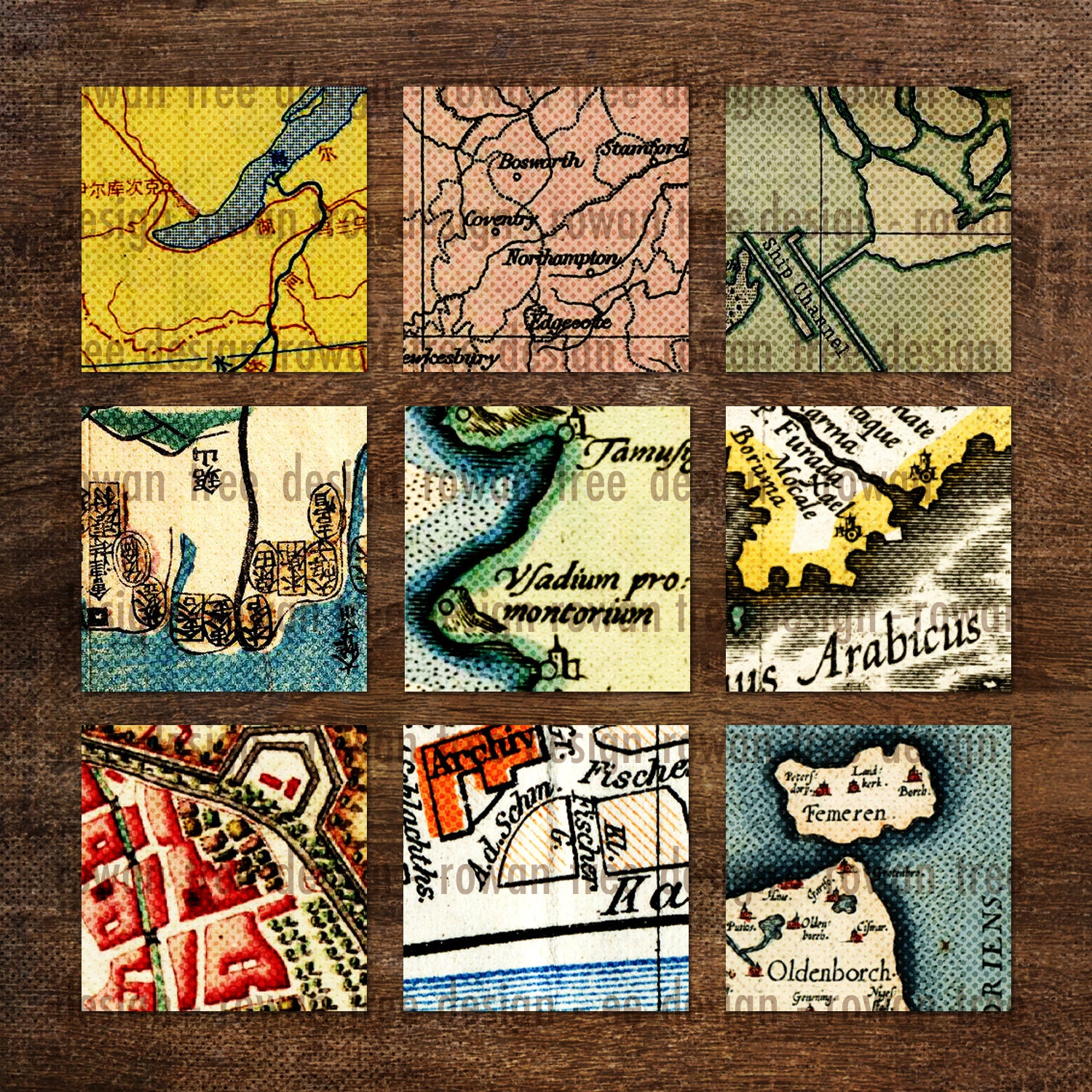 VINTAGE MAPS Digital Collage Sheet Squares 1in/25mm 0.8in/20mm - No ...