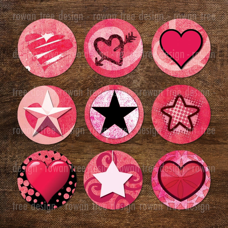 PINK PUNK Hearts & Stars Digital Collage Sheet 1in Circles no. 0051 image 1