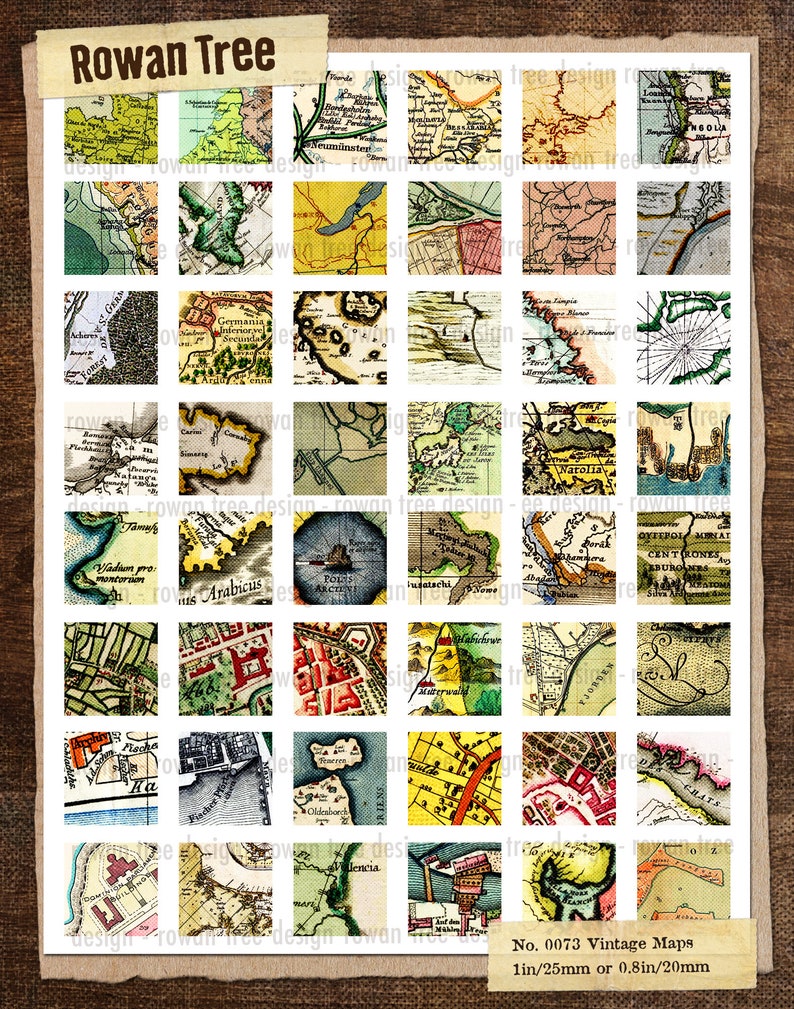 VINTAGE MAPS Digital Collage Sheet Squares 1in/25mm 0.8in/20mm - No ...