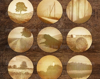 SEPIA LANDSCAPES Digital Collage Sheet 1in/25mm or 0.8in/20mm Circles - no. 0041